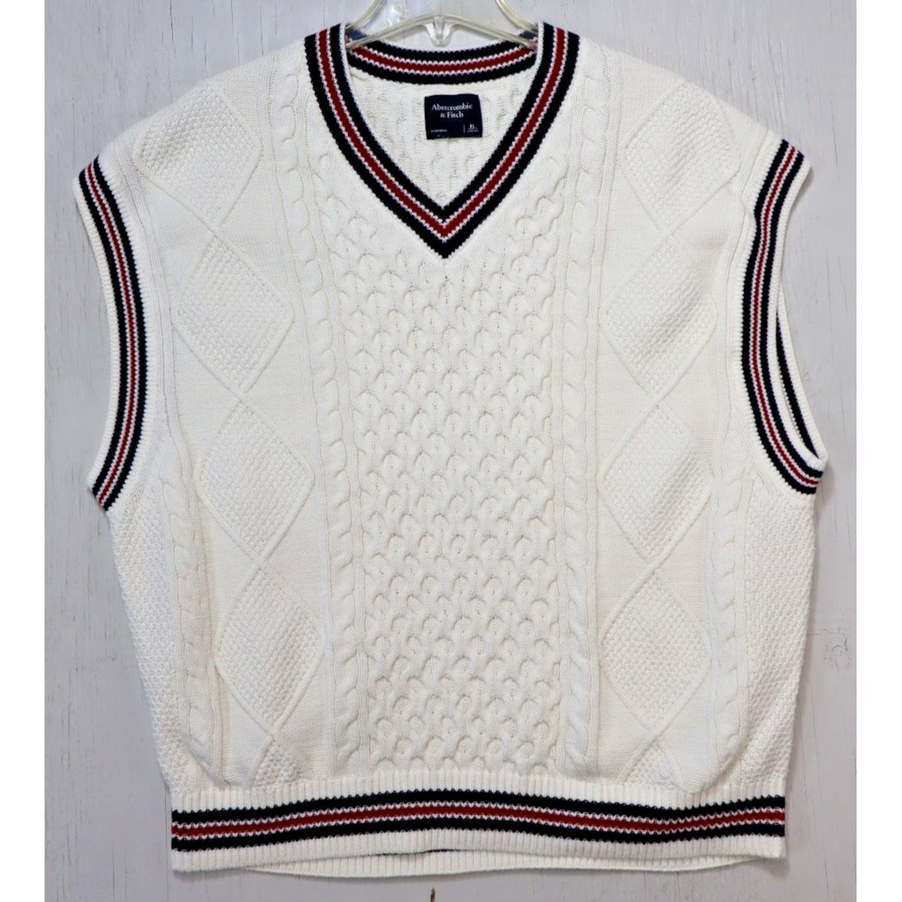 Abercrombie & Fitch Sweater Vest Men XL White Cable Knit Oversized Y2K Stripe